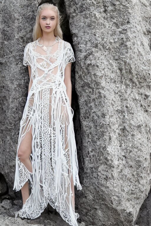 antediluvian crystal atlantean hyperborean avant garde fashion lace dress with natural pattern motifs, young white - blonde model, sharp focus, outdoors, godray lighting 