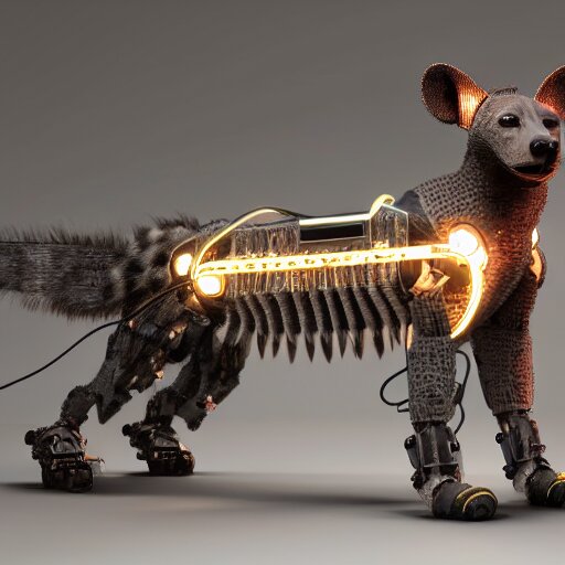 pet robot hyena, cyborg with exposed wires and metal, lights, camera lenses for eyes, realistic high quality concept art 