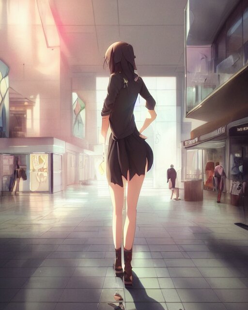 a girl at the mall, very sexy outfit, medium shot, visible face, detailed face, perfectly shaded, atmospheric lighting, by makoto shinkai, stanley artgerm lau, wlop, rossdraws 