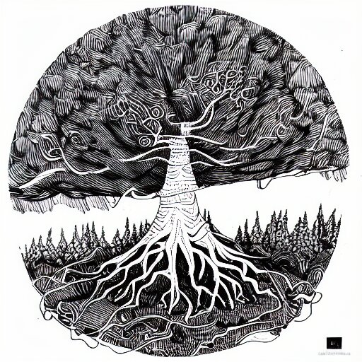 black and white ink doodle illustration of an ancient tree floating in outer space, overgrown with funghi, style by peter deligdisch, peterdraws 