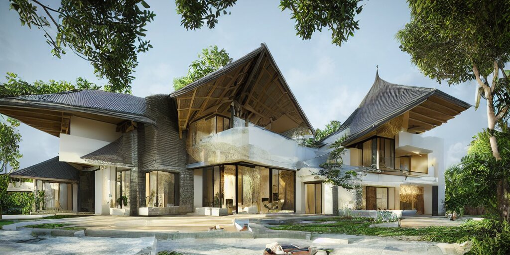 3d rendering  of beautiful nature meets architecture concept of a residential house. balinese architecture, volumetric lighting, luxury, high detail, 14mm, cinematic photography, cg architects,  high resolution