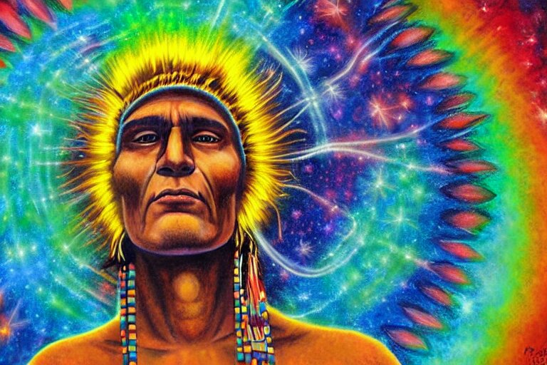 digital art of a spiritual native american man looking up at the stars, glowing light, acrylic art, universe, painting, pastel colors, alex grey, 