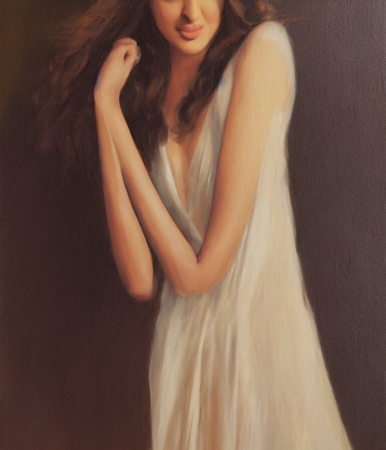 Kiara Advani in V-neck dress. history painting, dusk, flowy dress Kiara Advani, artstation, oil on canvas, by Albert Aublet, Private Collection