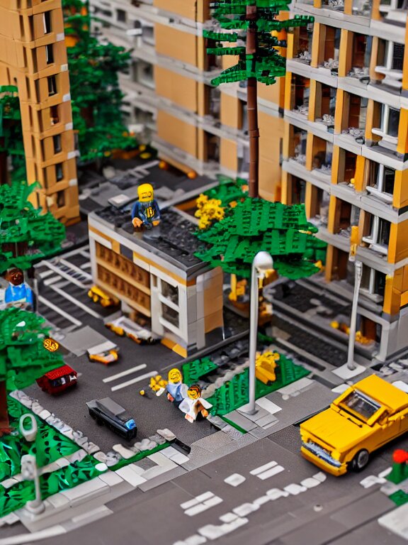 detailed miniature lego diorama a soviet residential building, brutalism architecture, car parking nearby, elderly man passing by, warm and joyful atmosphere, summer, streetlamps, several birches nearby 