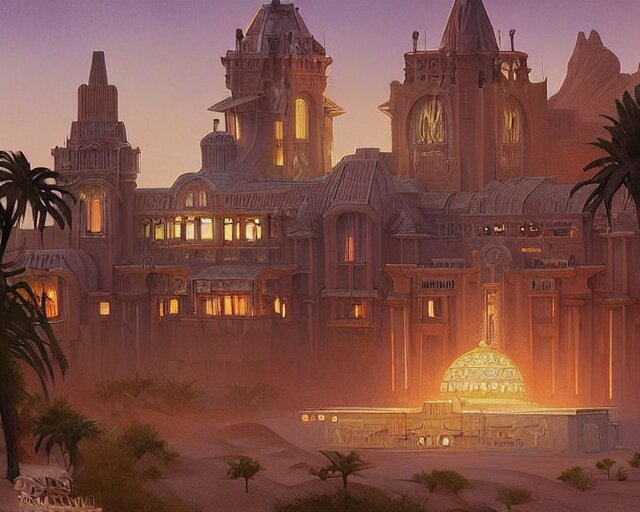 art deco palace in the desert, fantasy, intricate, elegant, highly detailed, digital painting, artstation, concept art, matte, sharp, illustration, hearthstone, art by artgerm and greg rutkowski and alphonse mucha 