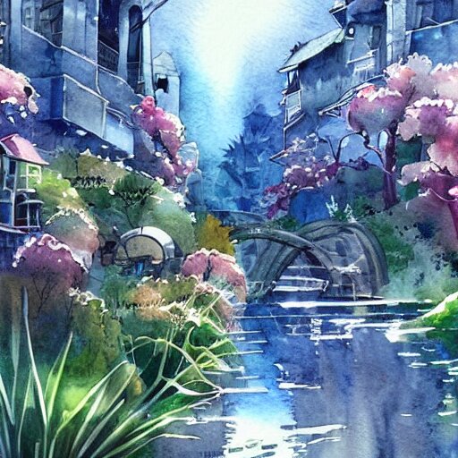 Beautiful happy picturesque charming sci-fi town in harmony with nature. Beautiful light. Water and plants. Nice colour scheme, soft warm colour. Beautiful detailed artistic watercolor by Vincent. (2022)