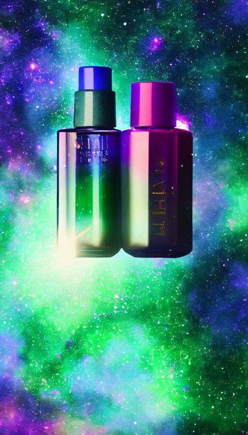 a beautiful bottle of nail polish filled with forest green small galaxy's and nebulas and blue sparkles, insane, intricate, highly detailed, Zeiss Lens, smooth, sharp focus, Unreal Engine 5, Octane Render, Redshift, 8K