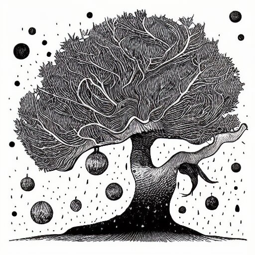 black and white ink doodle illustration of an ancient tree floating in outer space, overgrown with funghi, style by peter deligdisch, peterdraws 