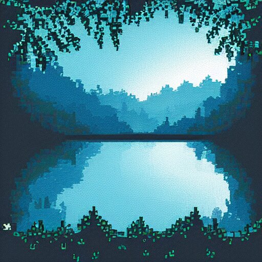 pixel art of a lake at night in a forest, dark blue colors 