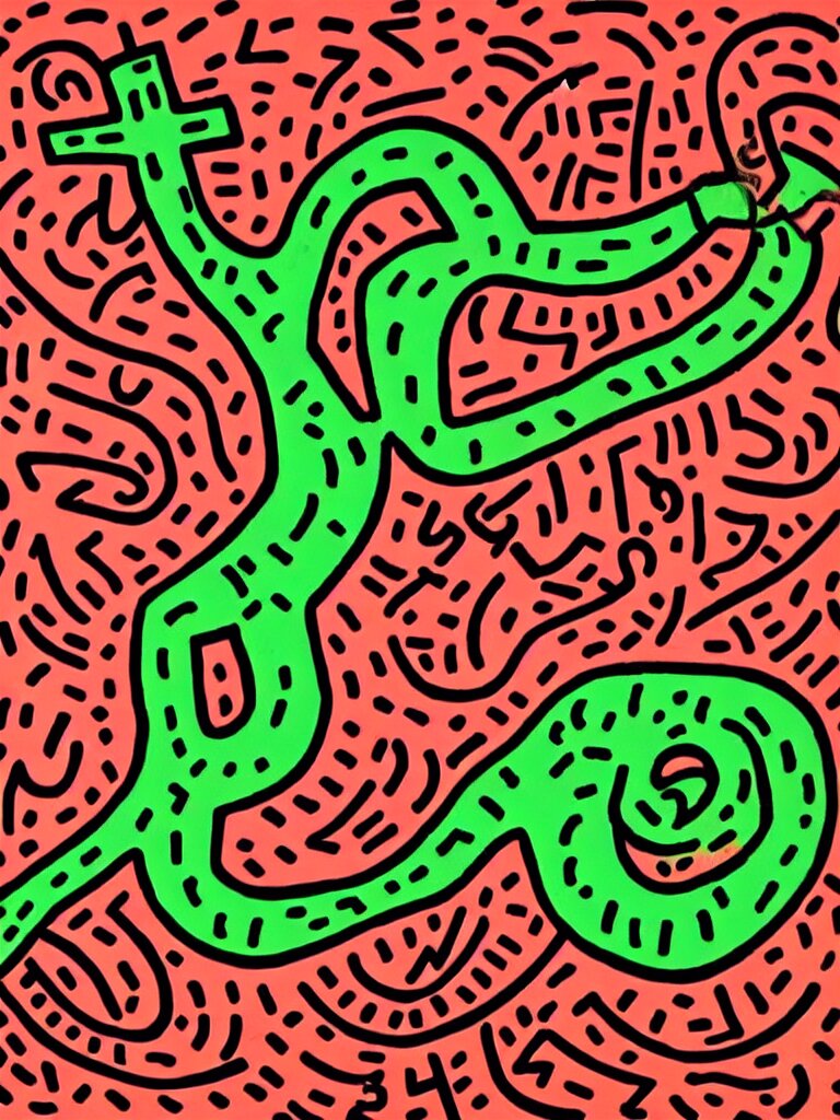 keith haring art of acorn that turns into a tree in the shape of a treble clef, a big rip down the middle, splashes of color, inspirational and powerful 