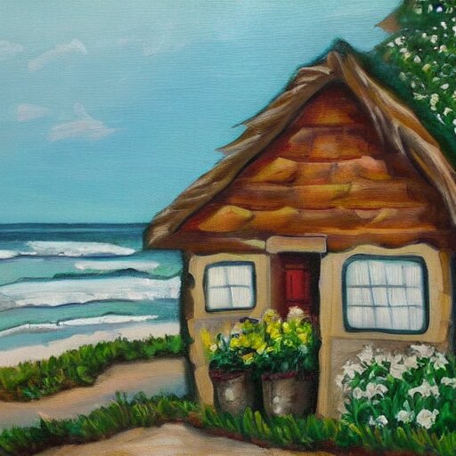 A painting of a cozy cottage with a view of the beach