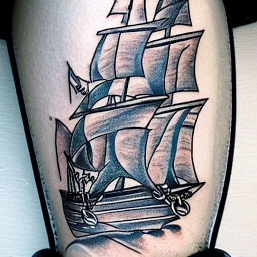 a pirate ship sailing in the sea, realism tattoo design with amazing shades, clean white paper background, in the style of david vega