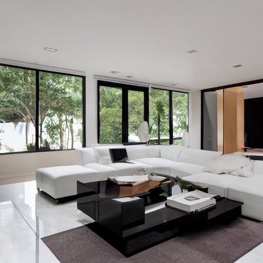 A modern living room with a beautiful white marble table between 2 white sofas ,on the left of the living room there are floor to ceiling glass window and on the right of the living room there are wooden stairs to the second floor, 8k resolution, professional interior design photograph