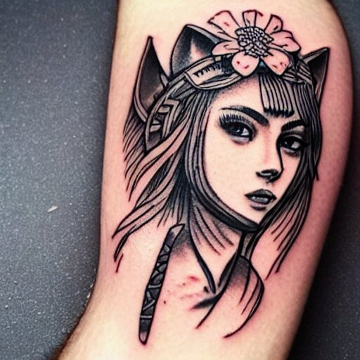 tattoo design, stencil, tattoo stencil, traditional, beautiful portrait of a warrior girl with a wolf headdress on surrounded by flowers, upper body, by artgerm, artgerm, artgerm, digital art, cat girl, anime eyes, anime, sexy-s 100
