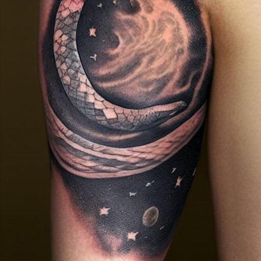 a woman with a tattoo of a snake sitting on the moon gazing at the milkyway, volumetric light, ray tracing, 