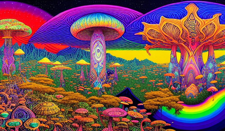 an expansive rendering of beautiful and complex oneness of all things by dan mumford, by jim fitzpatrick, by joe wilson, by jim burns, by victo ngai, by jacek yerka, surrounded with colorful magic mushrooms and rainbowcolored marihuana leaves, insanely integrate, featured on deviant art, trending on artstation 