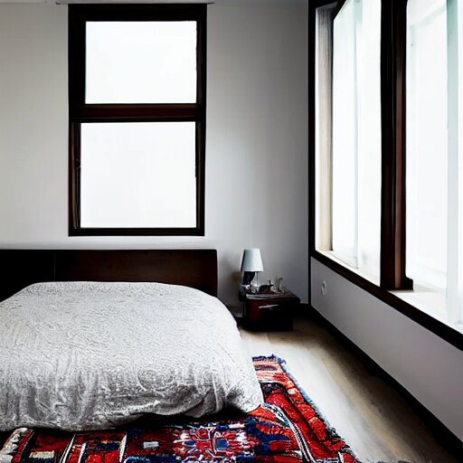 Bedroom with Minimalistic Art on the walls, white furniture, Multi colored Mandala Rug, big windows with sunlight coming in