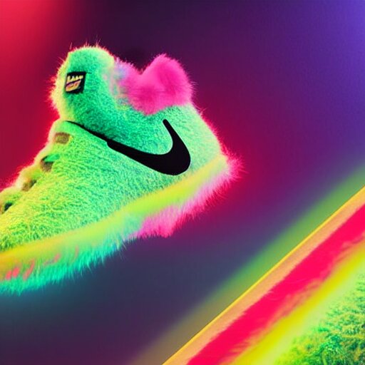 poster nike shoe made of very fluffy colorful faux fur placed on reflective surface, professional advertising, overhead lighting, heavy detail, realistic by nate vanhook, mark miner 