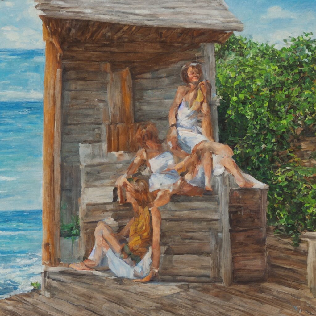 a beautiful woman with freckles sitting on the porch of a one-story house in the caribbean watching the sea, realistic, oil on canvas