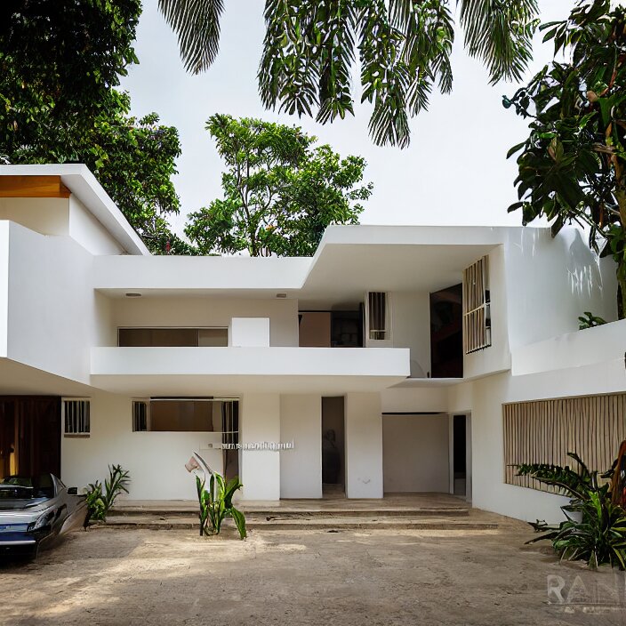 wide angle exterior shot of an modernist town house on a quiet street in lagos, tropical african architecture with sun shading and pergolas, contemporary architecture, cosmopolitan design, architectural magazine feature, architectural photography, canon eos r 3, telephoto lens, sigma 5 0 0 mm f / 5, iso 2 0 0, 1 / 1 6 0 s, 8 k, raw, unedited, in - frame 