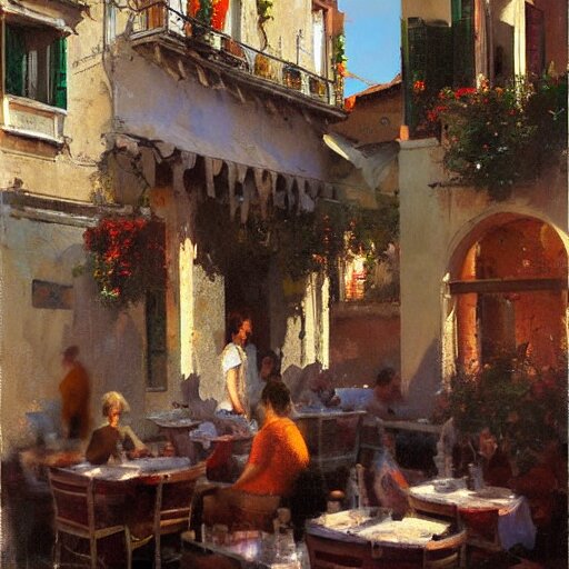 italian restaurant in venice, sunny, shadows, craig mullins 