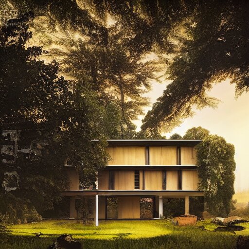 rectangular modernist house inspired by a tibetan palace, surrounded by thick collumns, two levels, in a field, big trees, clouds, dramatic lighting, artstation, matte painting, raphael lacoste, simon stalenhag, frank lloyd wright, drone view 