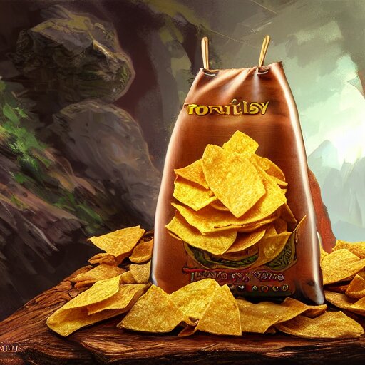 fantasy shiny bag of tortila chips, high detail, fantasy art, concept art, 4 k, ultra detail, computer art 