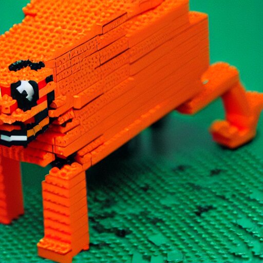 smiling orange scratch cat walking, 10,000 piece LEGO sculpture by master builder