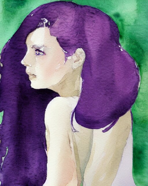 watercolor picture of a beautiful young woman in white dress, looking back at the camera, blue eyes, purple hair, high key, watercolor