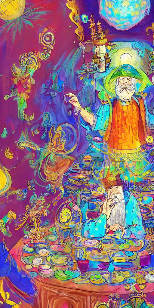 a mystical man with a goblet on the table, wizard hat, psychedelic, Korean animation