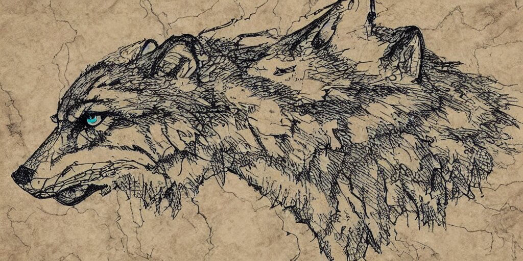 face of a wolf in the style of a medieval fantasy map, mountains, forests.  Skyrim, Lord of the Rings map, Zelda Breath of the Wild map, drawing on parchment