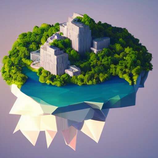 low poly art of a round floating island in the sky with the skyscrapers of New York on it, surrounded by waterfalls, isometric art, 3d render, ray tracing, high detail, artstation, concept art, behance, smooth, sharp focus, ethereal lighting, unreal engine 5