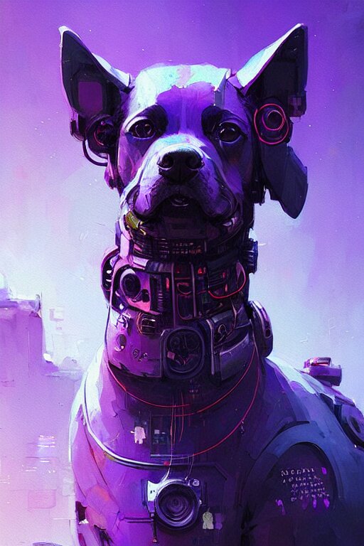 a beautiful portrait of a cute cyberpunk dog by greg rutkowski and wlop, purple blue color scheme, digital art, highly detailed, fine detail, intricate, ornate, complex 