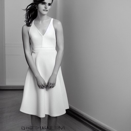 an extremely beautiful studio photo of emma watson, wearing open toe high heels, wearing a white dress, in a white room, beautiful face, pale skin, rule of thirds, very very very beautiful!, hard focus, full body shot, studio photo, 9 0 mm, f / 1. 4 