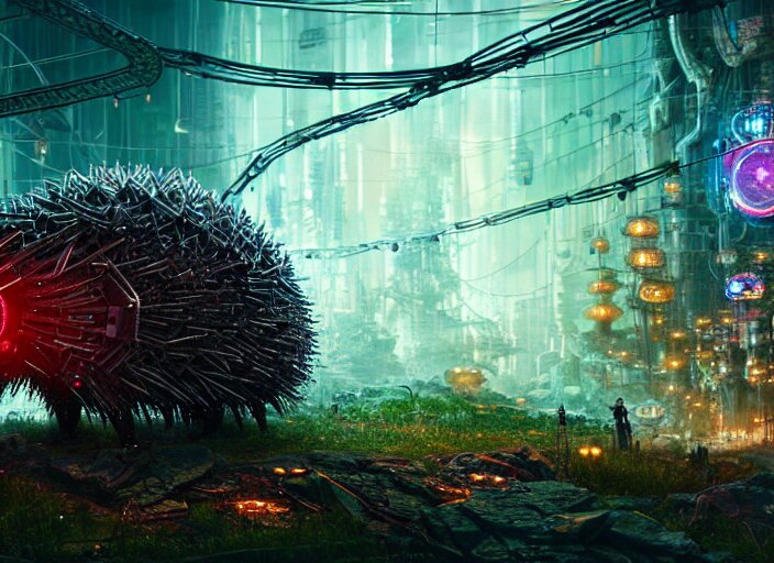  giant intricate mechanical hedgehog with cybernetic enhancements and visible gears and fiber optics, on the background of a weird magical mechanical forest. Very detailed 8k. Fantasy cyberpunk horror. Sharp. Cinematic post-processing. Unreal engine. Nanite. Ray tracing. Parallax. Tessellation