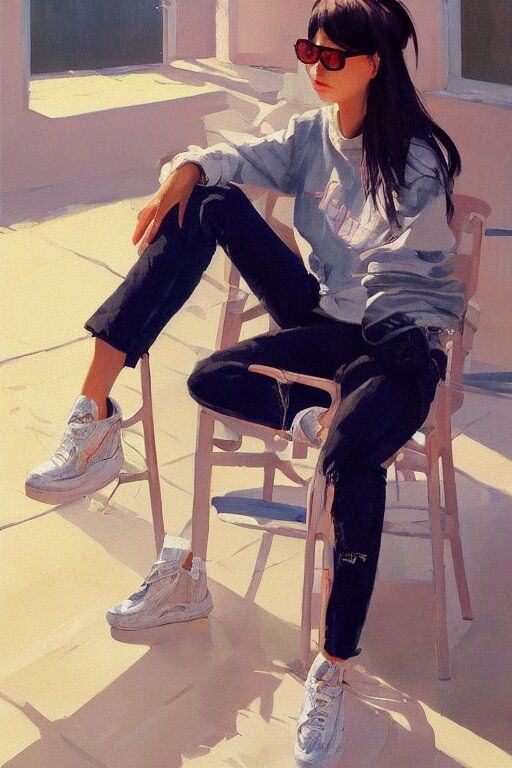 A ultradetailed beautiful panting of a stylish woman looking at the camera, she is wearing streetwear, she is sitting on a chair, bright sunny day, Oil painting, by Ilya Kuvshinov, Greg Rutkowski and Makoto Shinkai