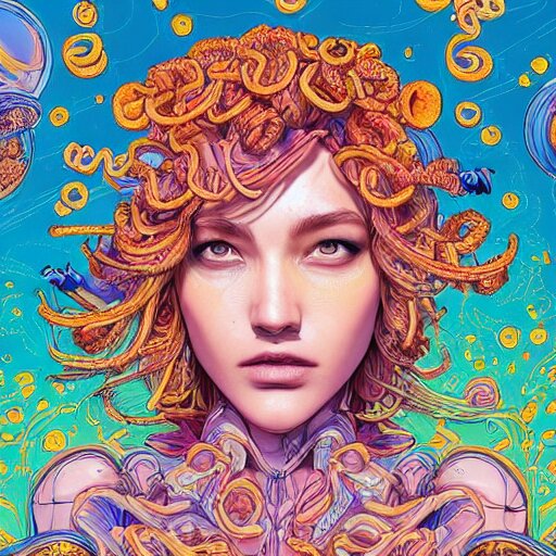 the face of a ridiculously beautiful and pretty woman partially made of onion rings of all colors looking up, an ultrafine detailed illustration by james jean, final fantasy, intricate linework, bright colors, behance contest winner, vanitas, angular, altermodern, unreal engine 5 highly rendered, global illumination, radiant light, detailed and intricate environment 