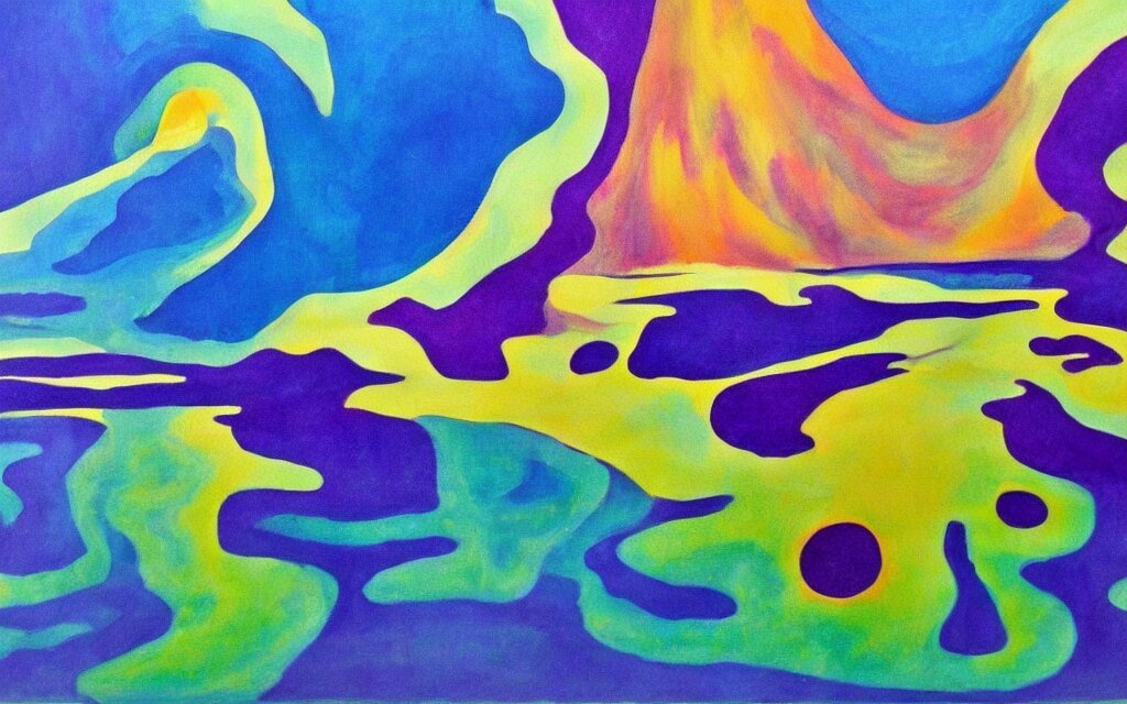 the explosion of an atomic power plant and reflection in a lake in the style of georgia o keeffe. colorful, wavy. painting. medium long shot. perspective. color palette of blue, yellow, purple, green. 