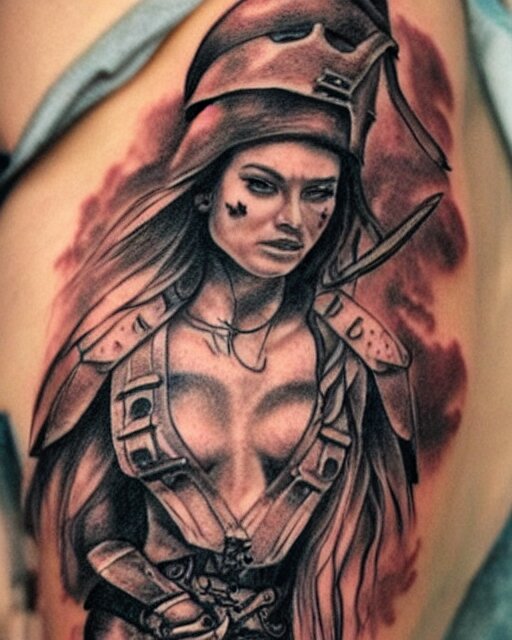 A beautiful woman warrior faded on a background of a beautiful pirate ship, realism tattoo drawing, hyper realistic, shaded