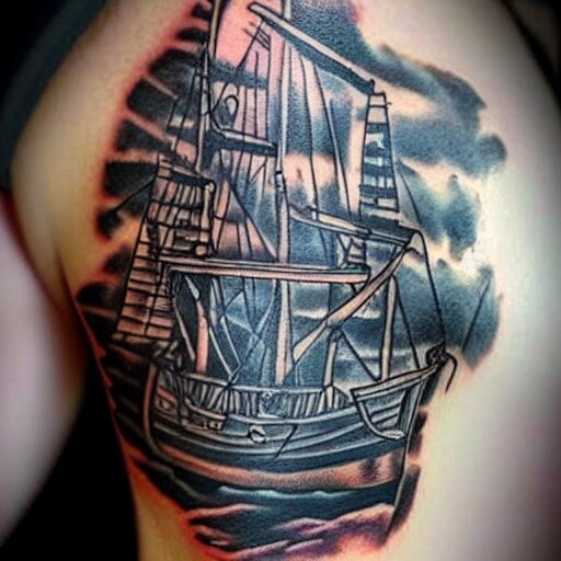 A pirate ship tattoo design in the design of Dmitriy Samohin