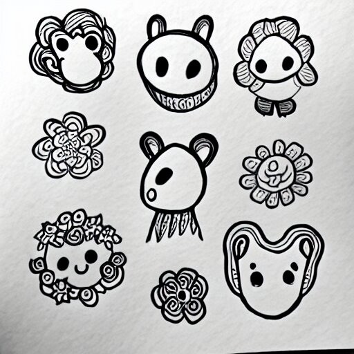 fun doodle characters, flowers, rainbows, drawn with a black 0. 3 mm fineliner on a white paper 