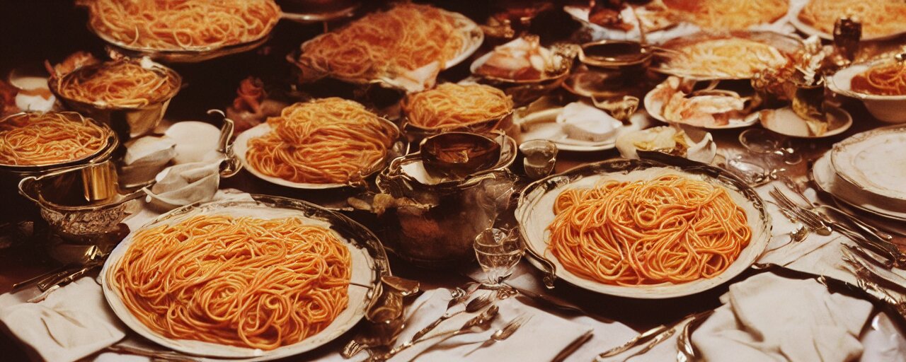 a large bowl of spaghetti, beautifully plated on a full buffet table, small details, intricate, sharply focused, canon 5 0 mm, wes anderson film, kodachrome 