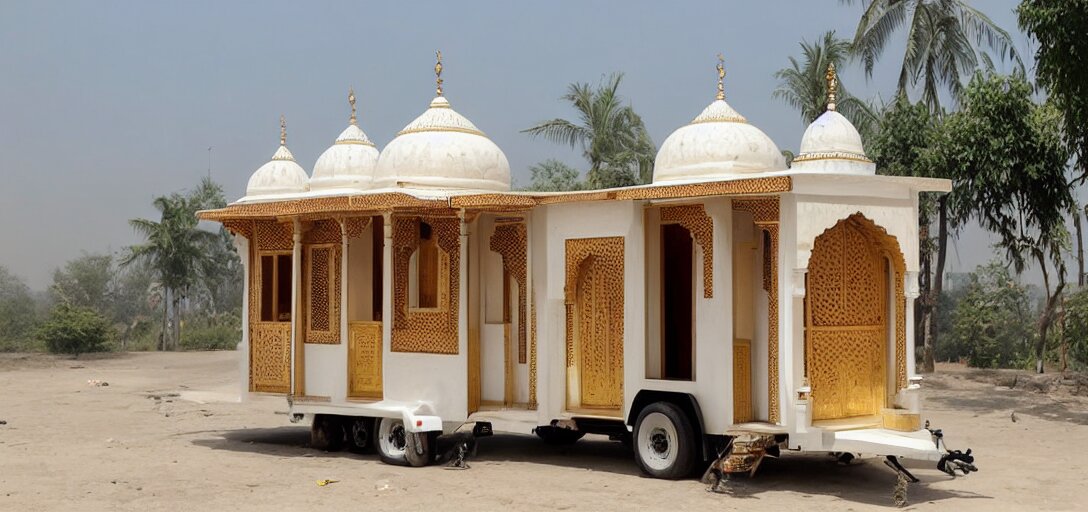 mughal - style white ivory tiny home on trailer with minarets in cyberpunk india 