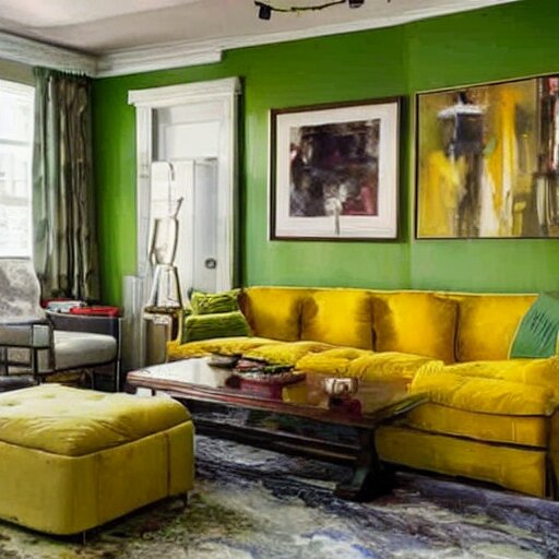 a modern living room with green sofa, red carpet and yellow table, painting by jeremy mann 