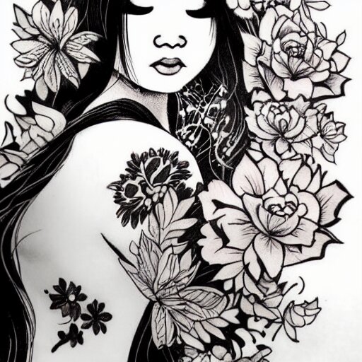 tattoo design, stencil, traditional, beautiful portrait of a Asian girl with flowers in her hair, upper body, by artgerm, artgerm, digital art, cat girl, sexy