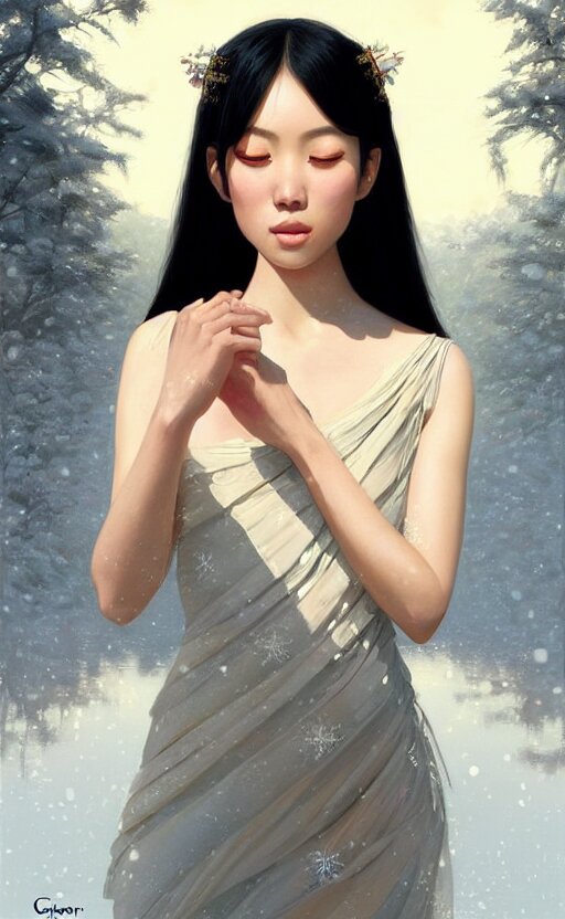 a beautiful young charming asian goddess with sundress + jewelry + shinny eyes | | winter, symmetric, realistic shaded, unpleasant face, good looking, fine details, dior, lv, realistic shaded lighting poster by greg rutkowski, macoto takahashi, magali villeneuve, artgerm, jeremy lipkin and michael garmash 