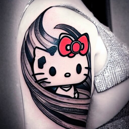 beautiful gorgeous tattoo art of hello kitty, extremely intricate, professional art, striking pose, amazing 