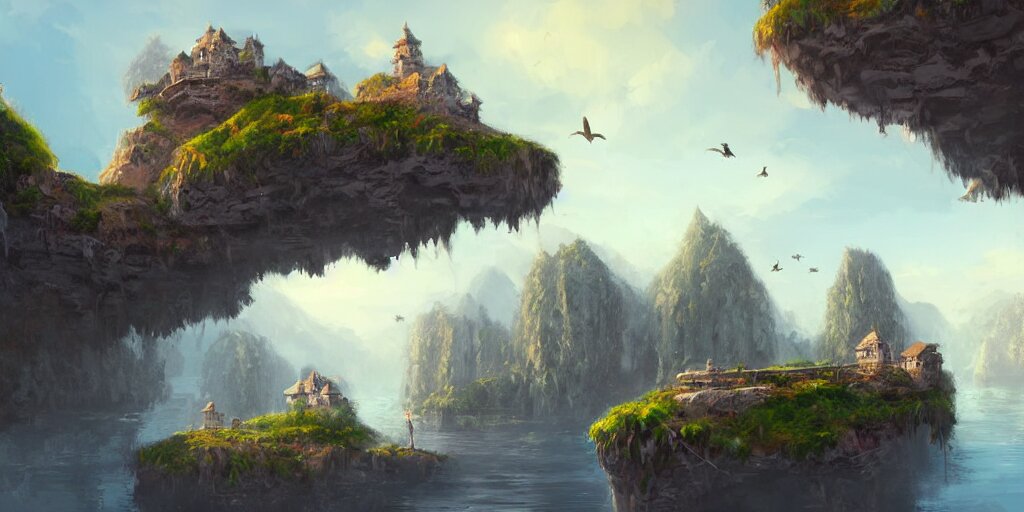 peaceful village built on floating rocks in the sky, rope bridges, birds in background, high fantasy, detailed, digital painting, realistic, landscape by jonathan berube 