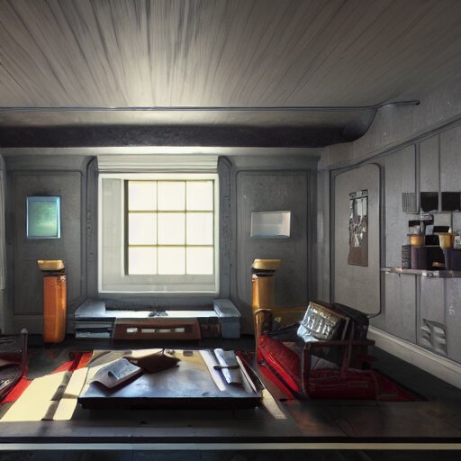 Sci fi living room engine room, electric wallpaper, unreal engine 5 tech demo, zillow interior, cool tint, metallic reflective, octane render, Frank Lloyd Wright ((Studio Ghibli))