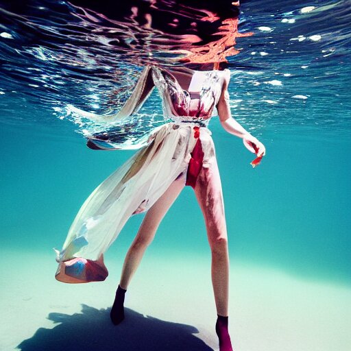 medium format photograph of a surreal fashion shoot underwater 